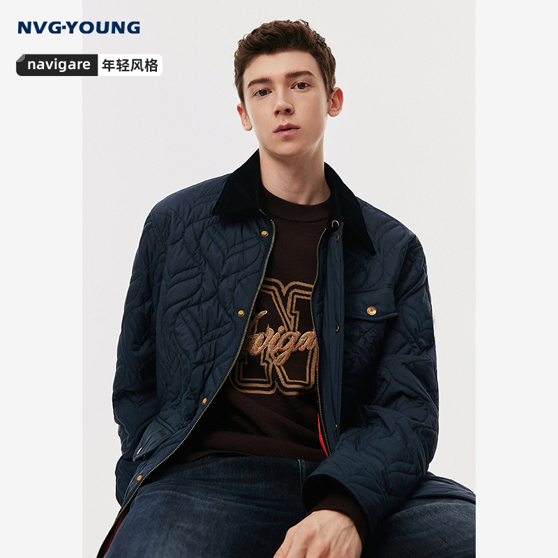 NVGYOUNG意大利小帆船蓝色复古工装夹克男冬季新款保暖棉服外套