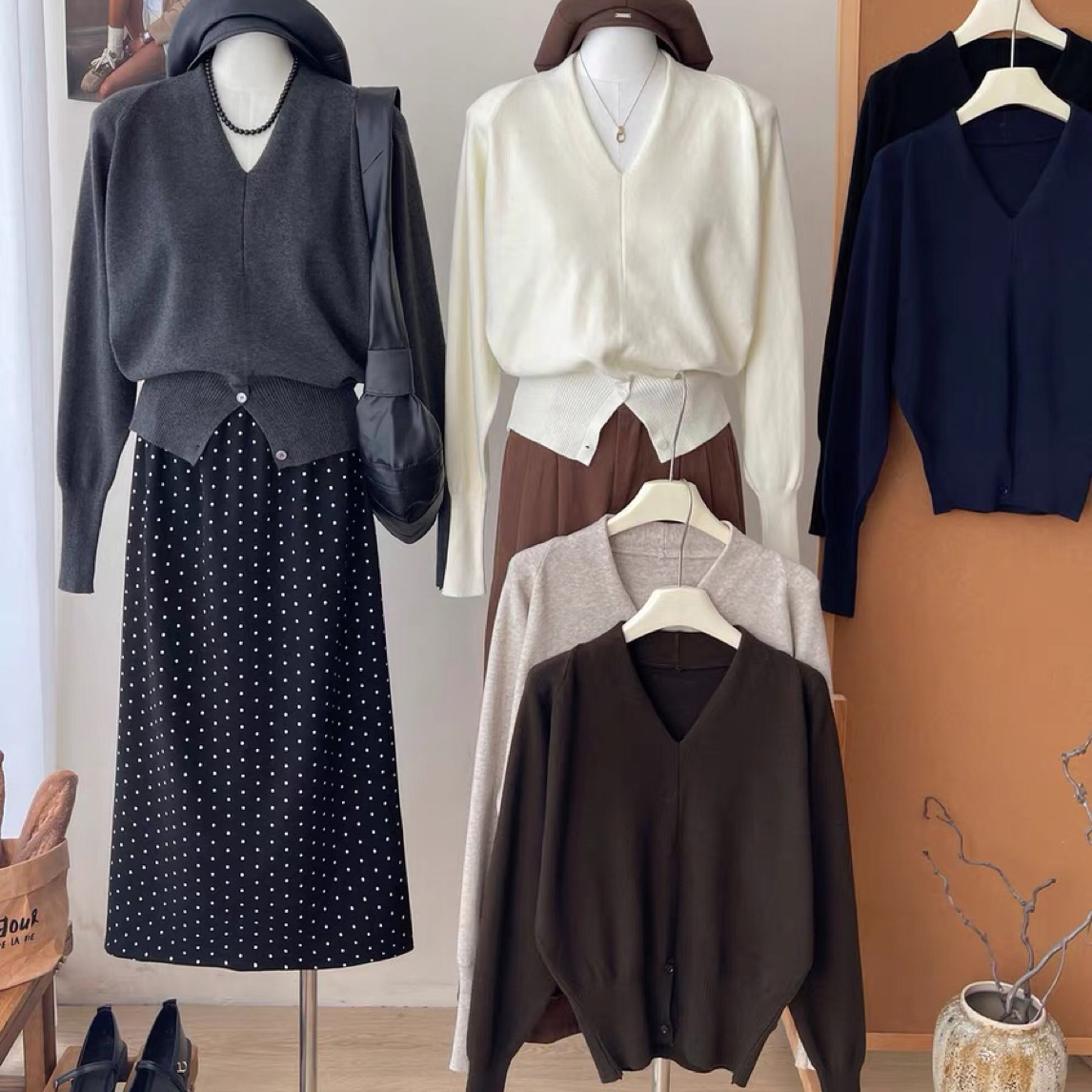 【新款】v领长袖针织衫上衣