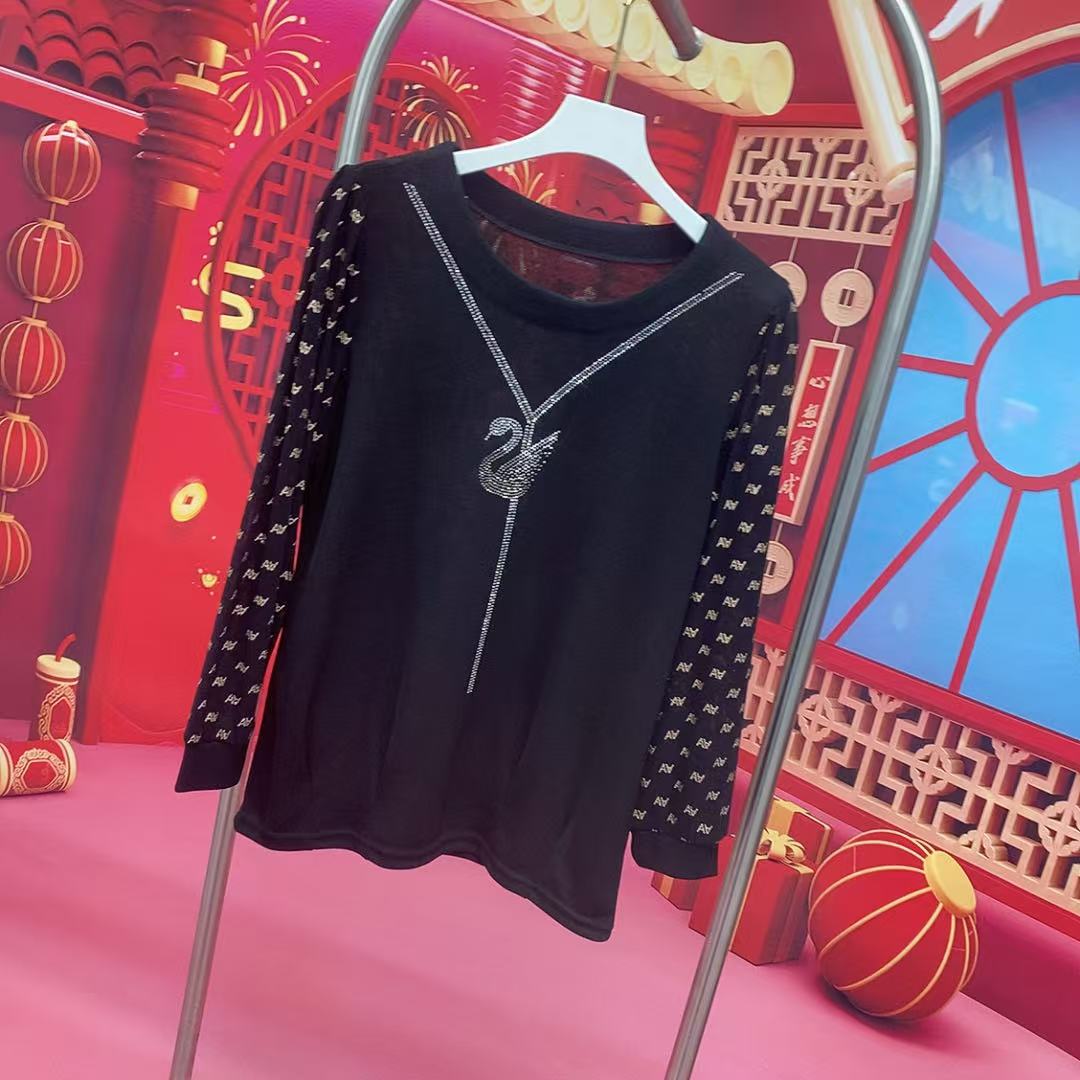 长袖新款打底衫烫钻天鹅闲显瘦遮肚子洋气上衣   049