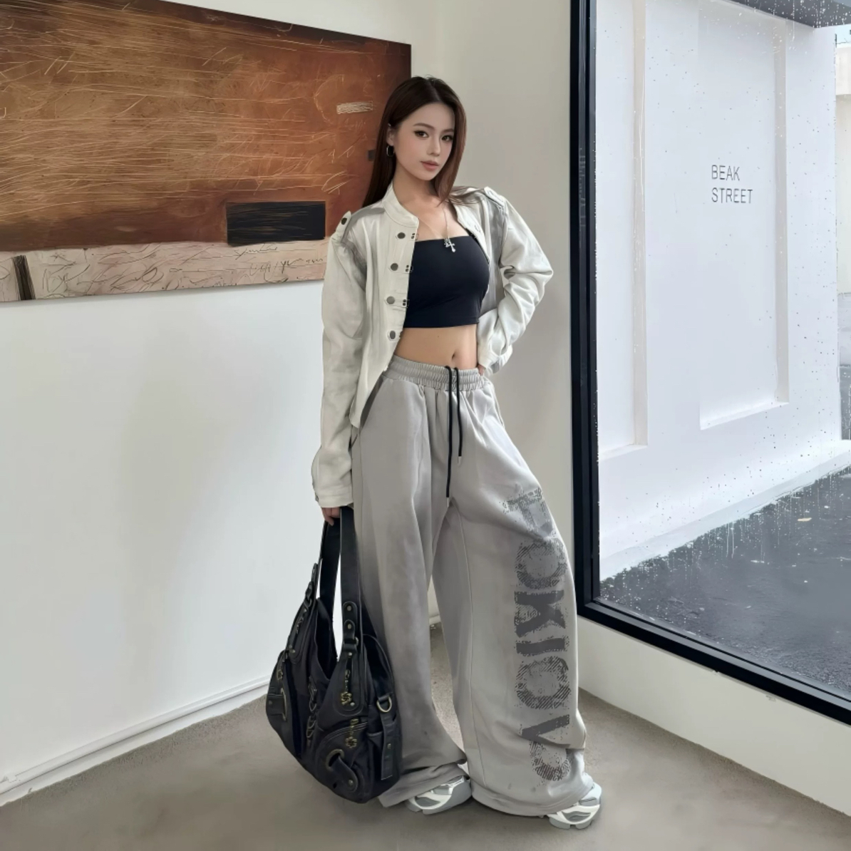 Caiii 美式复古字母休闲卫裤宽松阔腿百搭垂感慵懒抽绳长裤女