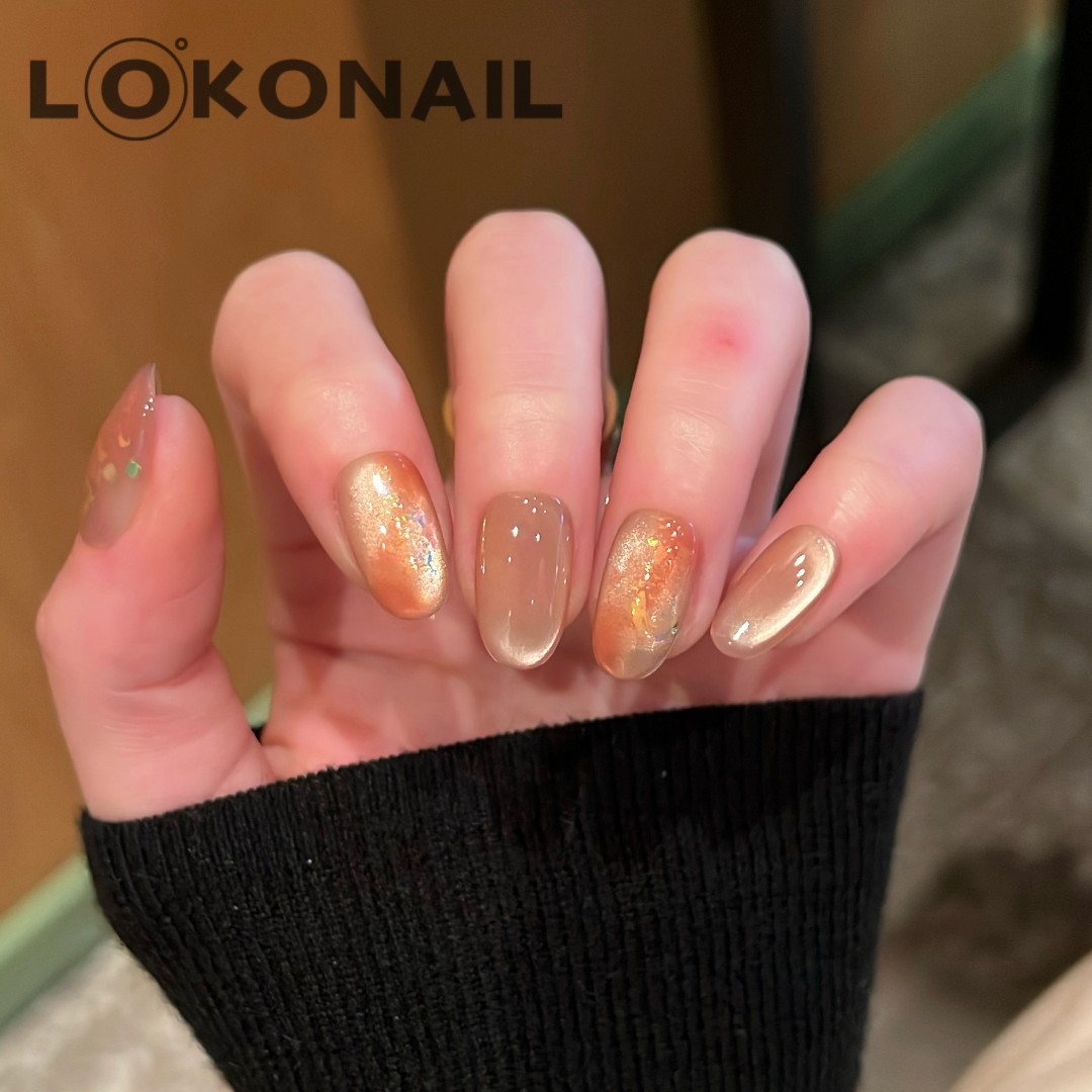 「花海」温柔裸调冰透猫眼晕染金箔 高级显白气质纯手工穿戴甲