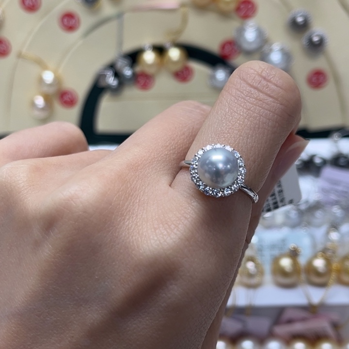 海水珍珠戒指银S925镶嵌澳白 8-9mm 121号