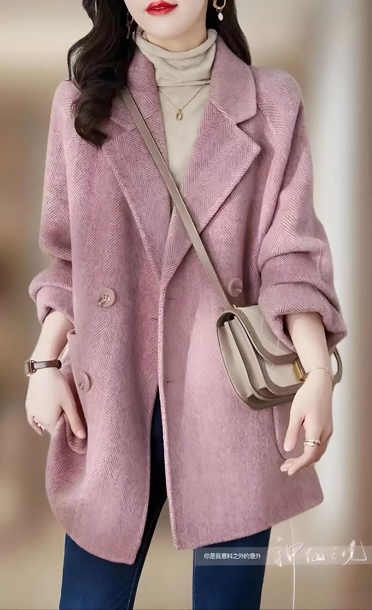 秋冬拼接毛呢外套人字纹大衣休闲宽松中长款网红