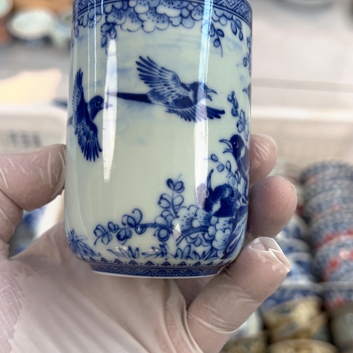 瓷片白青花喜上眉梢直筒杯可乐全品