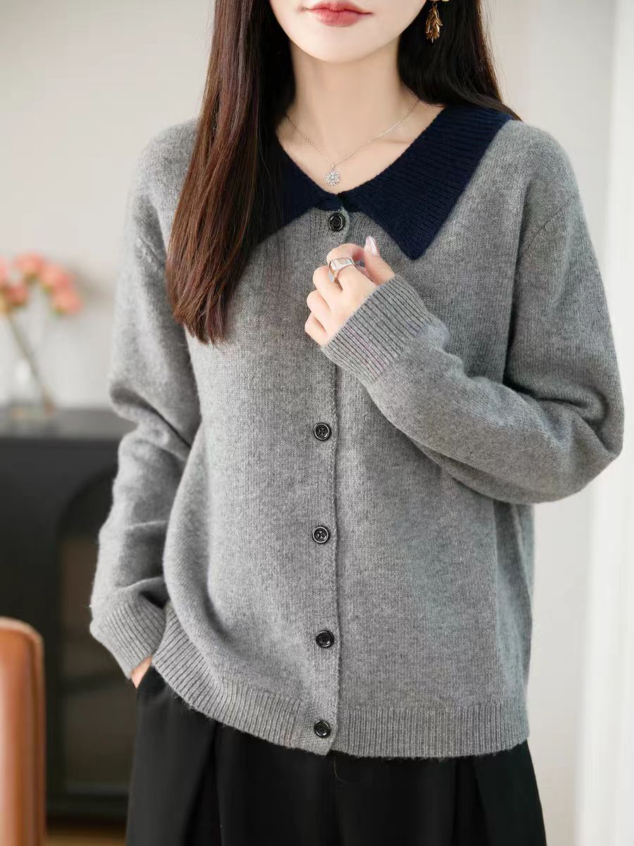 【藏青方领】2025年新款拼色翻领针织衫女百搭开衫上衣女宽松显瘦