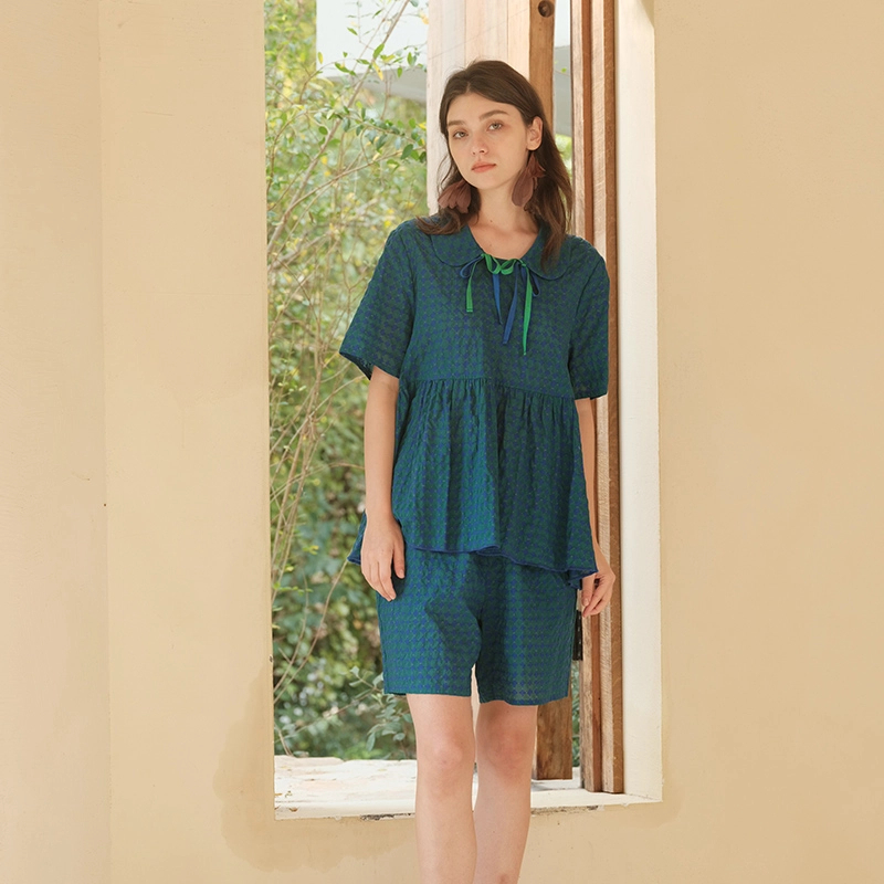 【晴菲专属】241-022朵朵可可睡衣女夏娃娃领短袖短裤家居套装