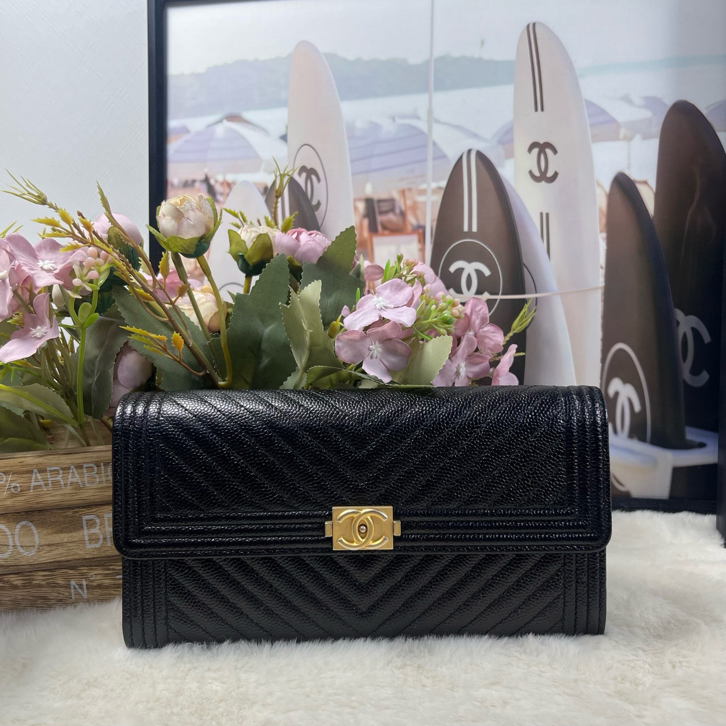 99新 Chanel/香奈儿 黑金荔枝牛leboy长款钱包（25开大全套）