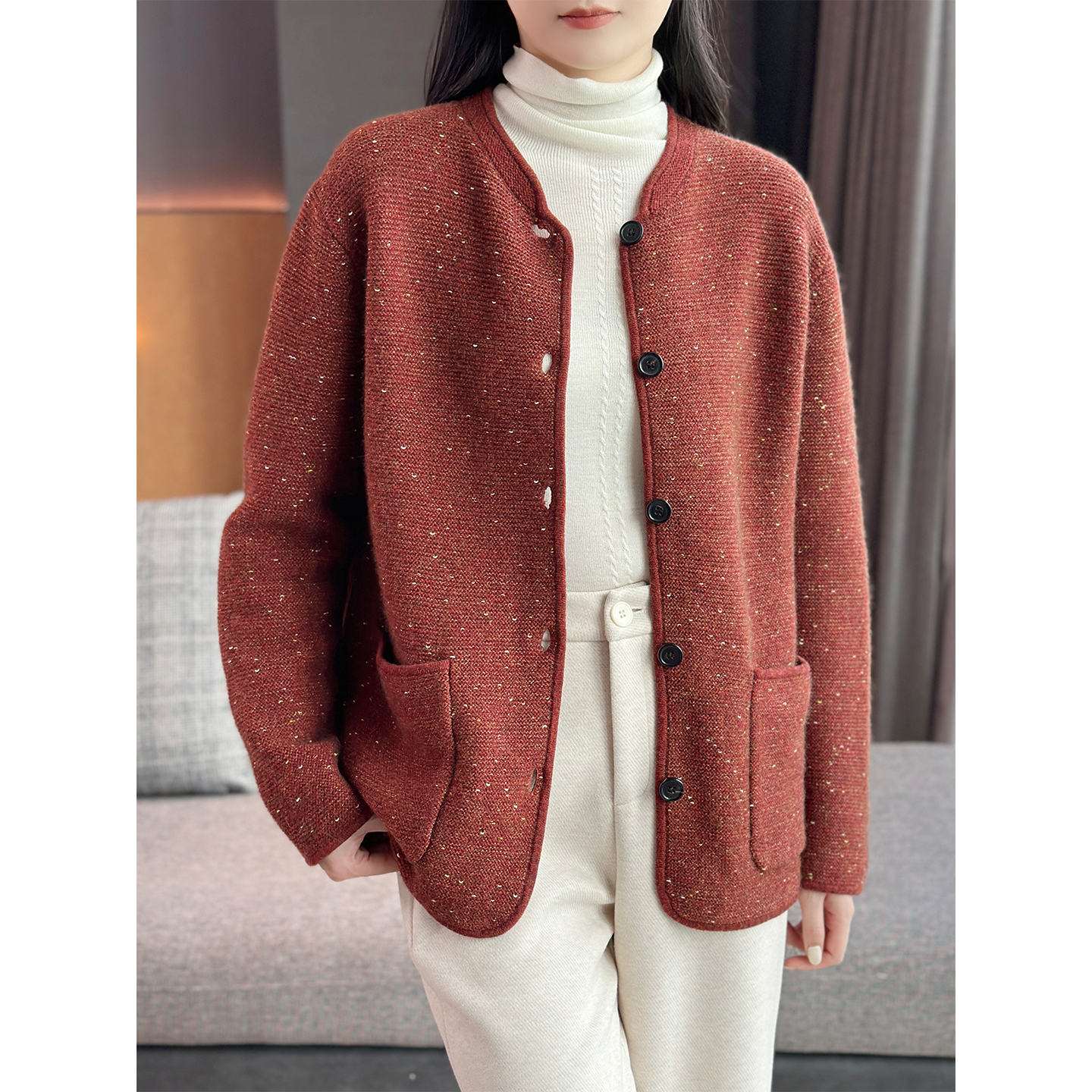 左左家 LP元厂重磅加厚615g~老钱风立领宽松廓形花纱羊绒开衫外套