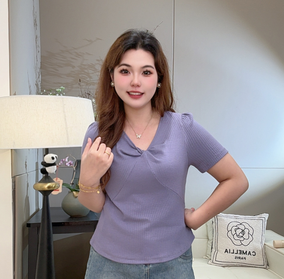 2025夏季新款V领褶皱短袖T恤女洋气百搭遮肉显瘦打结上衣