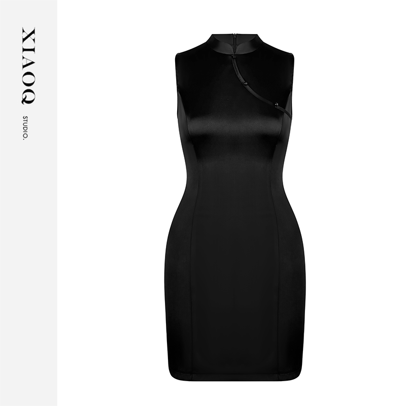 【小Q家】77783新中式无袖旗袍镂空气质包臀裙拼接连衣裙