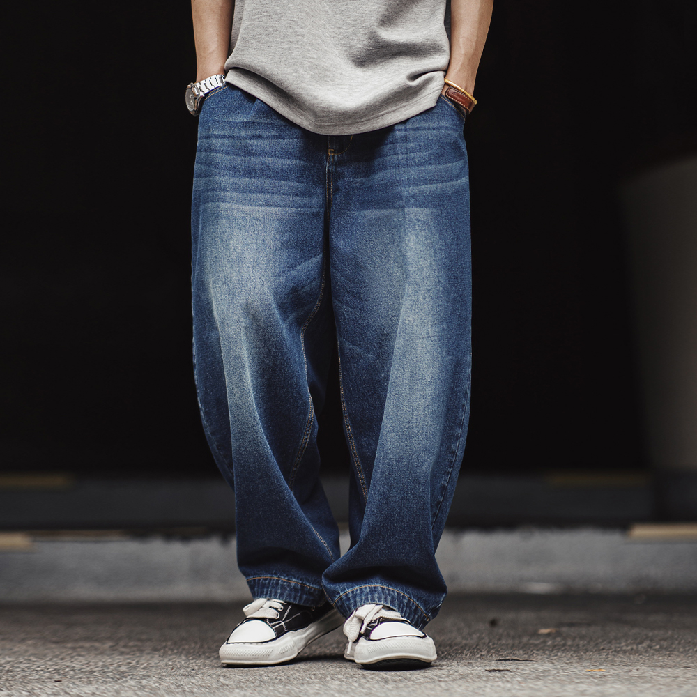 马登工装美式复古水洗丹宁牛仔裤oversize猫须休闲老爹裤子男春夏