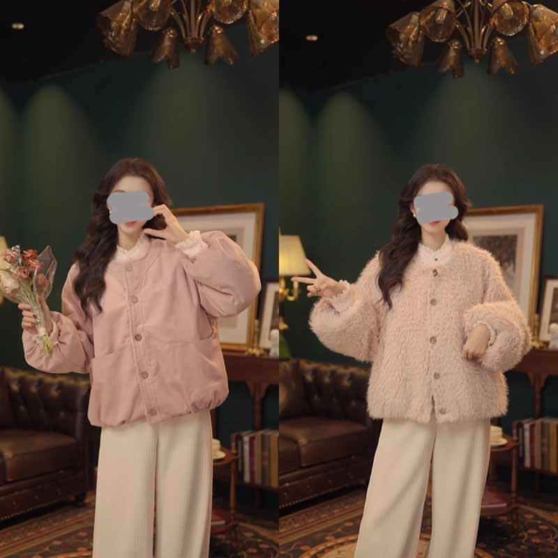 【雪花飘落】复古港风双面穿短外套女2025秋冬新款休闲毛毛厚款衣服