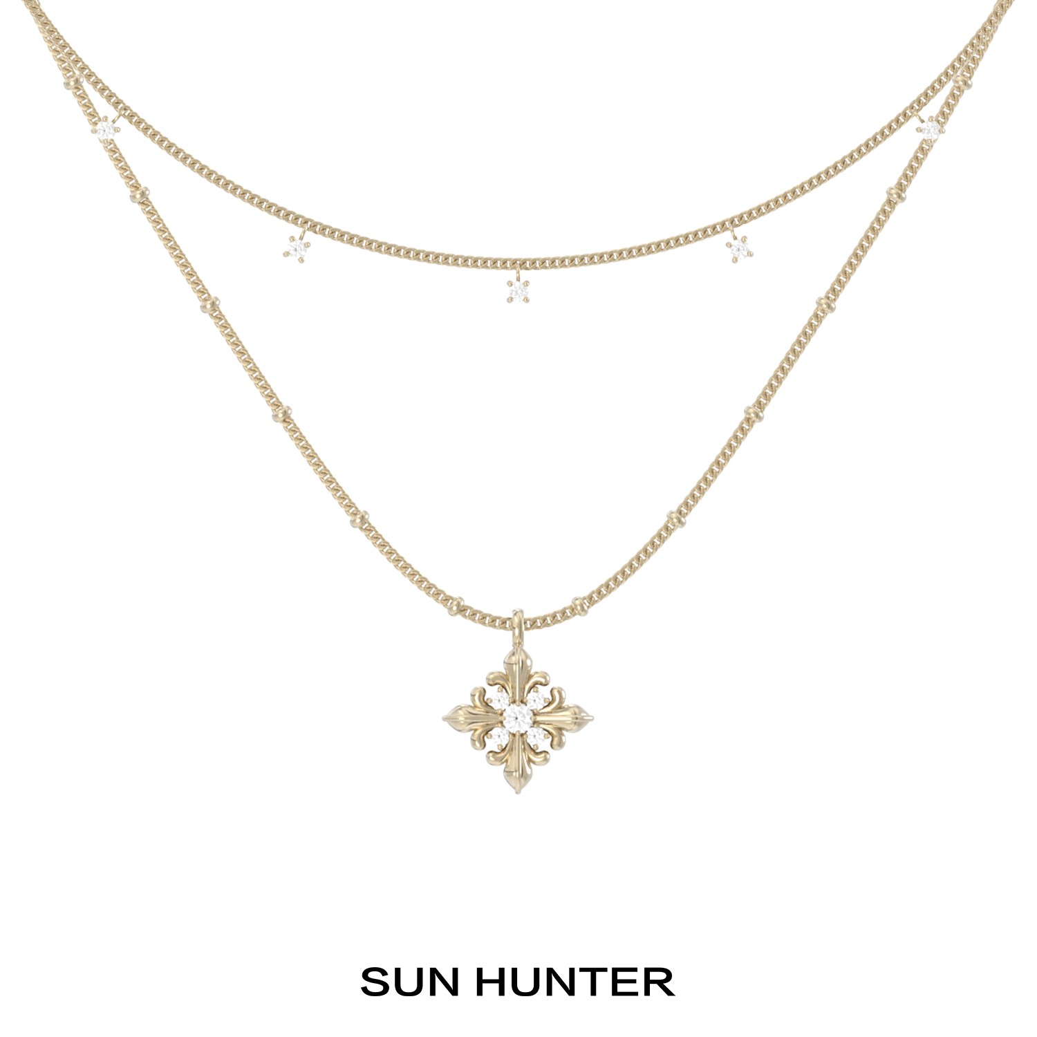 铜合金项链 三横SUN HUNTER原创双层锆石鸢尾花项链简约高级感