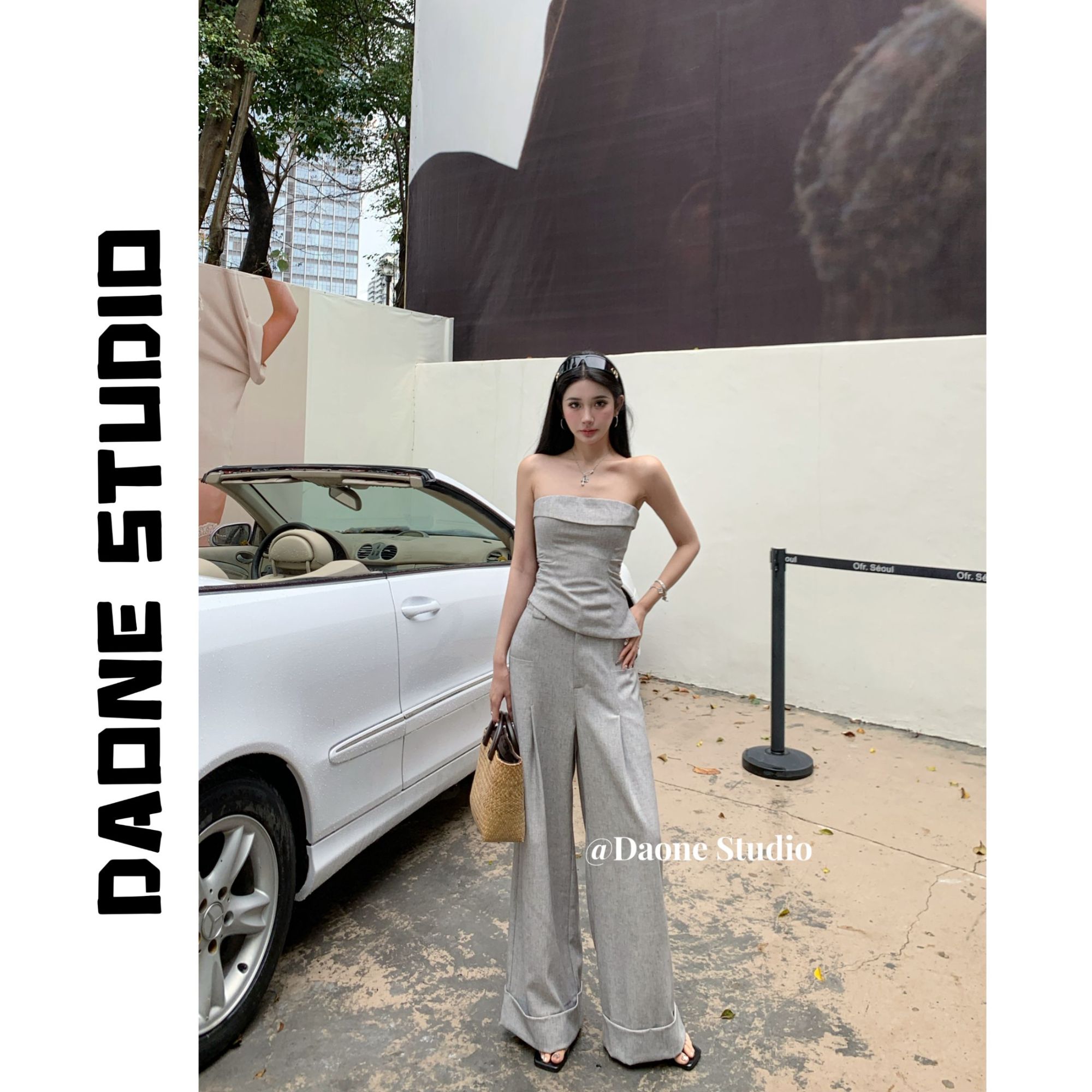 DAONE 夏季休闲显瘦设计感无袖抹胸阔腿宽松直筒裤套装