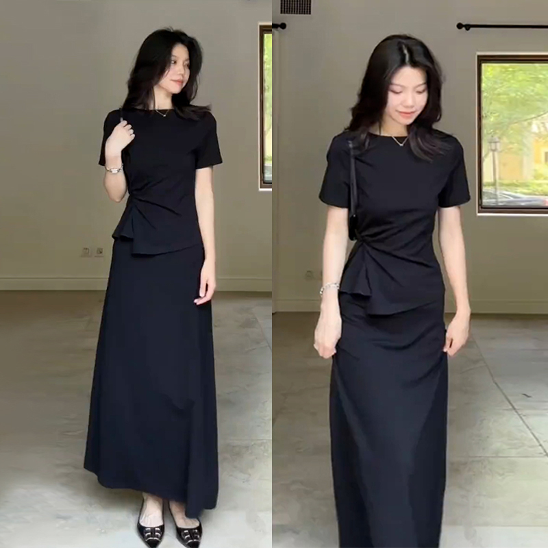 新款法式赫本风黑色短袖连衣裙子女夏季高级穿搭收腰套装长裙3361