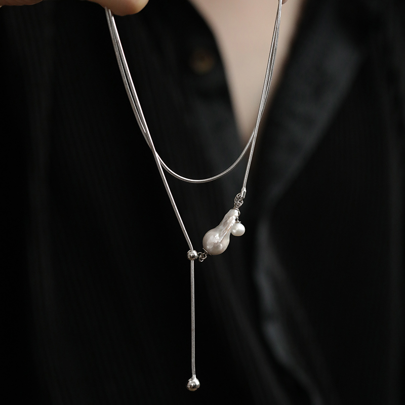 N18100<非晚>S925银随型巴洛克珍珠简约冷淡风抽拉蛇骨链项链