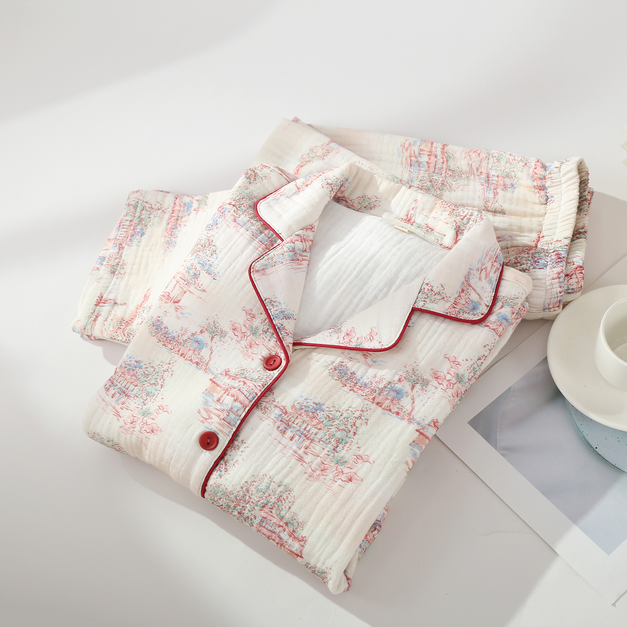 A类100%全棉四层纱加厚睡衣女保暖包边纯棉秋冬季长袖家居服套装