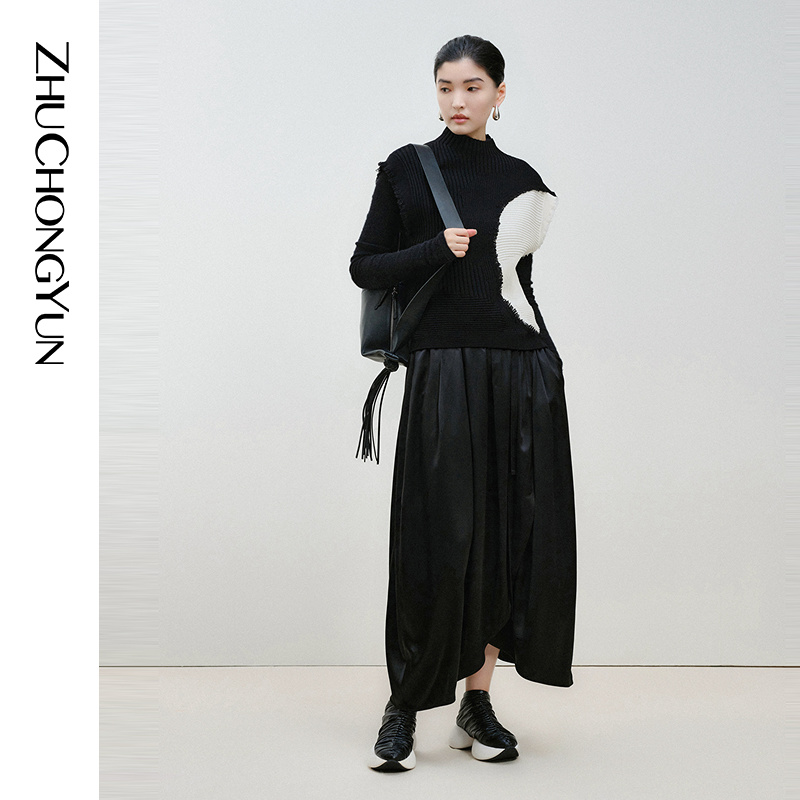 ZHUCHONGYUN春款黑色不规则下摆配腰带中长款半身裙C1EG10192