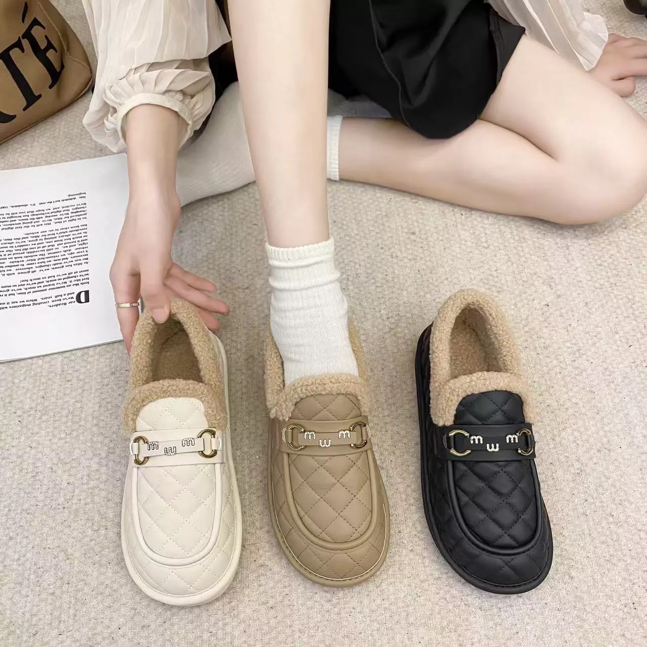 加绒保暖毛毛鞋秋冬季一脚蹬懒人休闲鞋