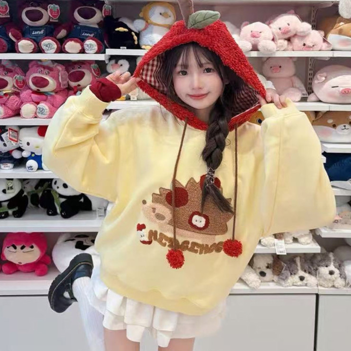 苹果刺猬刺绣连帽卫衣纯棉加绒加厚韩版宽松甜美少女风秋冬上衣