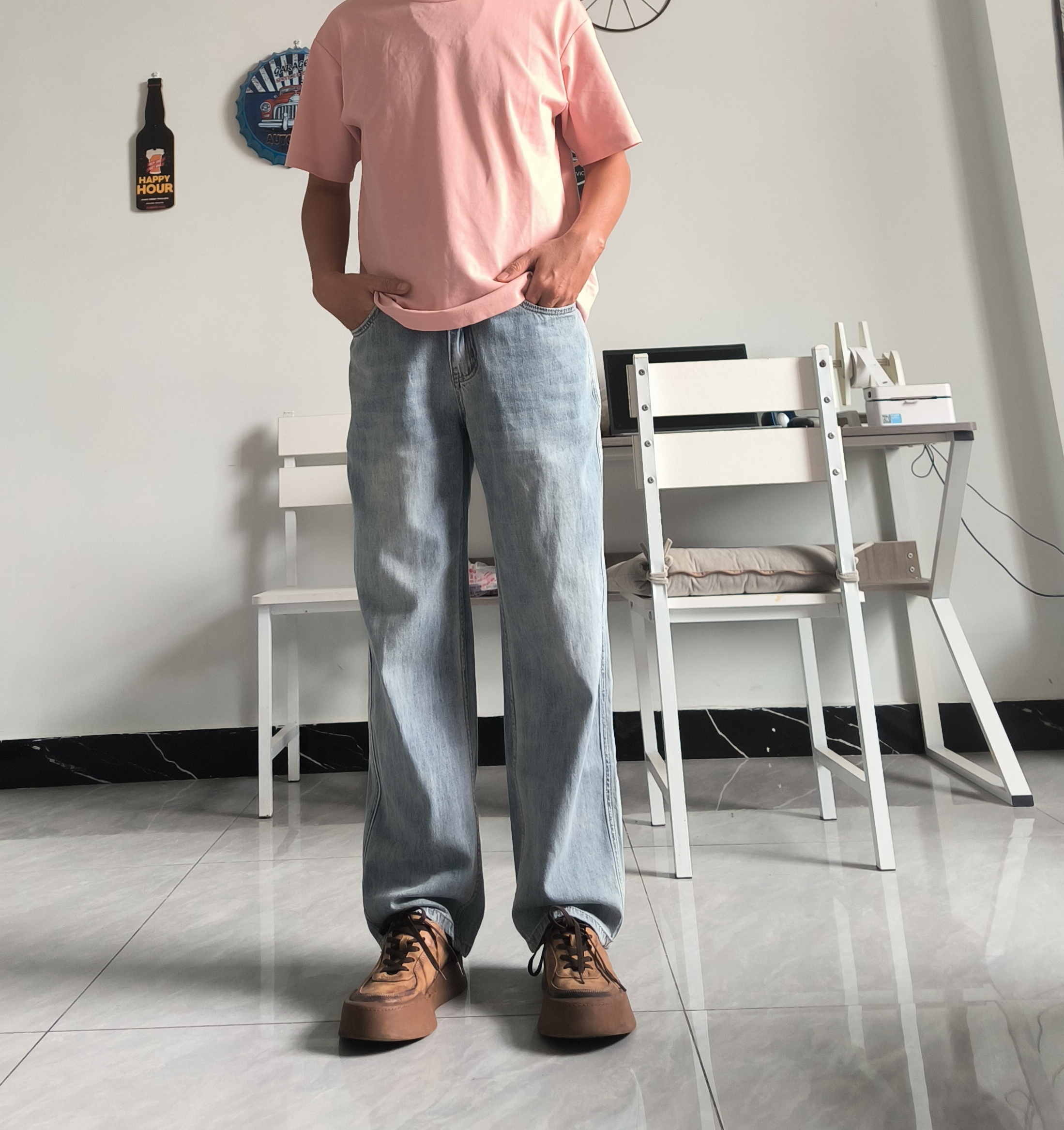春夏秋款水洗浅色宽松无弹直筒牛仔裤中腰休闲百搭