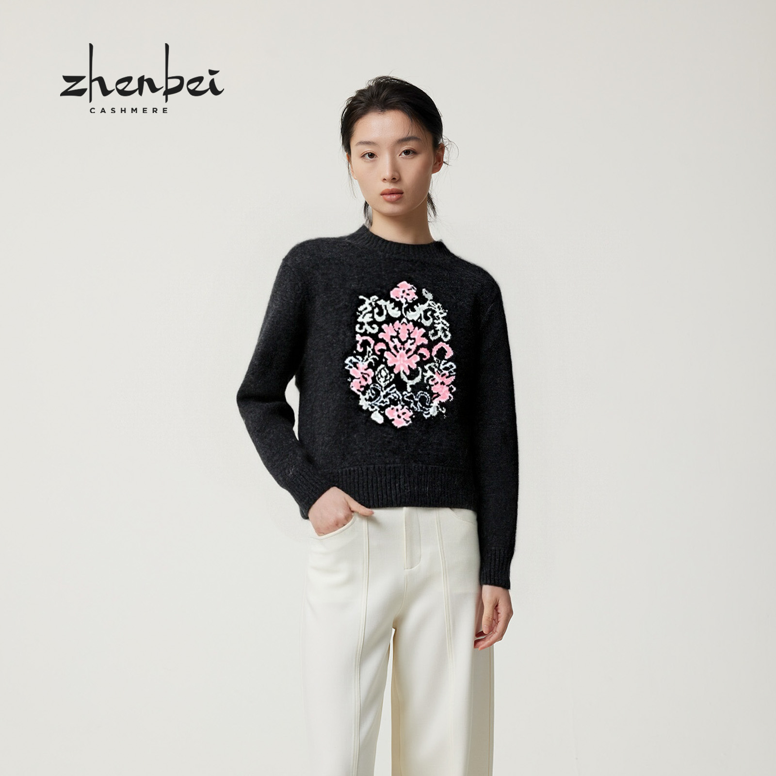 ZB/珍贝2025秋冬新品 圆领嵌花女衫/56510