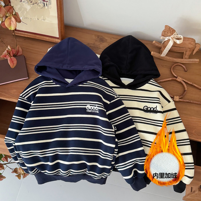 【李颜专属】儿童冬季男女宝休闲条纹撞色连帽加绒卫衣WY25502
