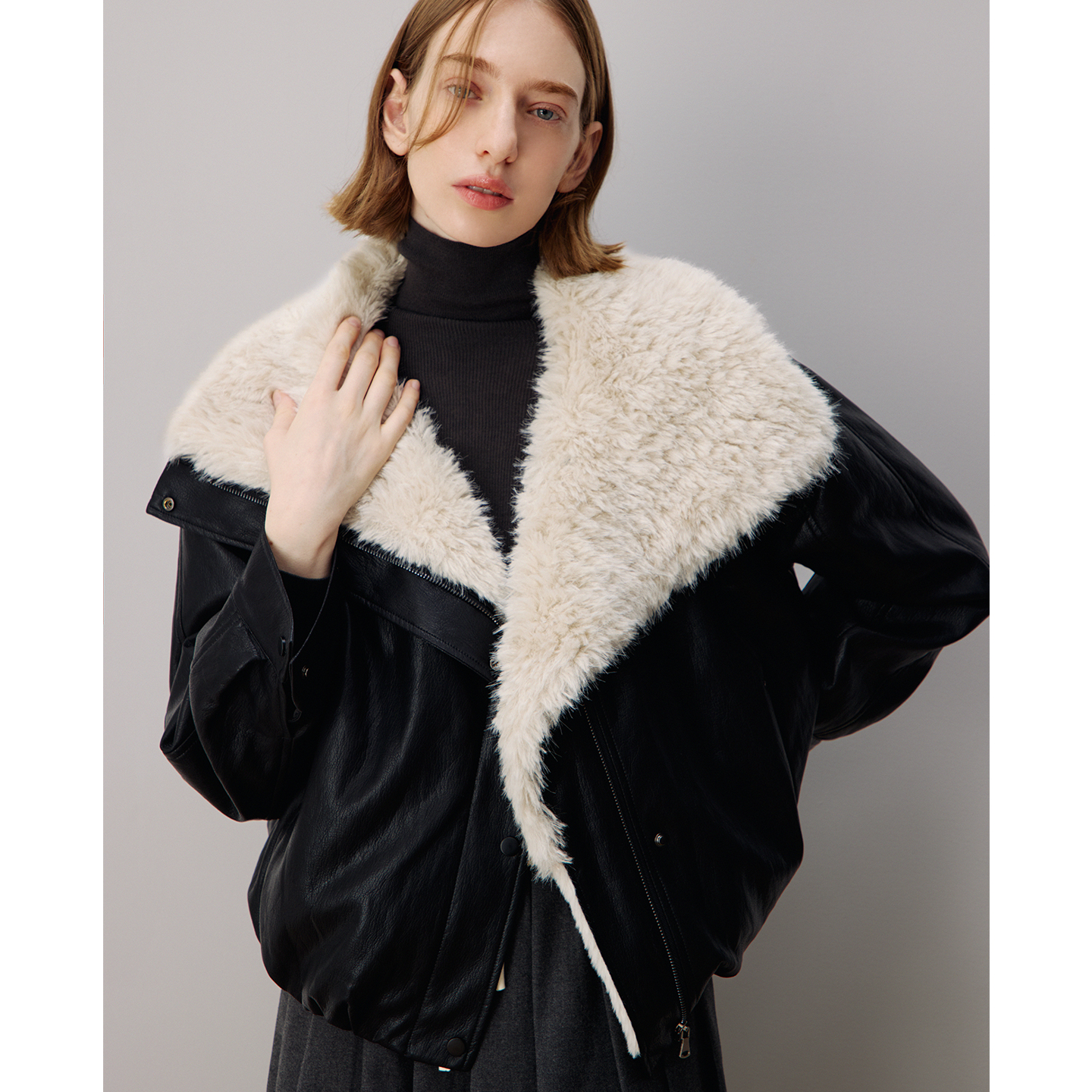 DNCY丨酷黑暖绒 大翻领秋冬加厚皮衣夹克短外套时尚立领加厚棉服