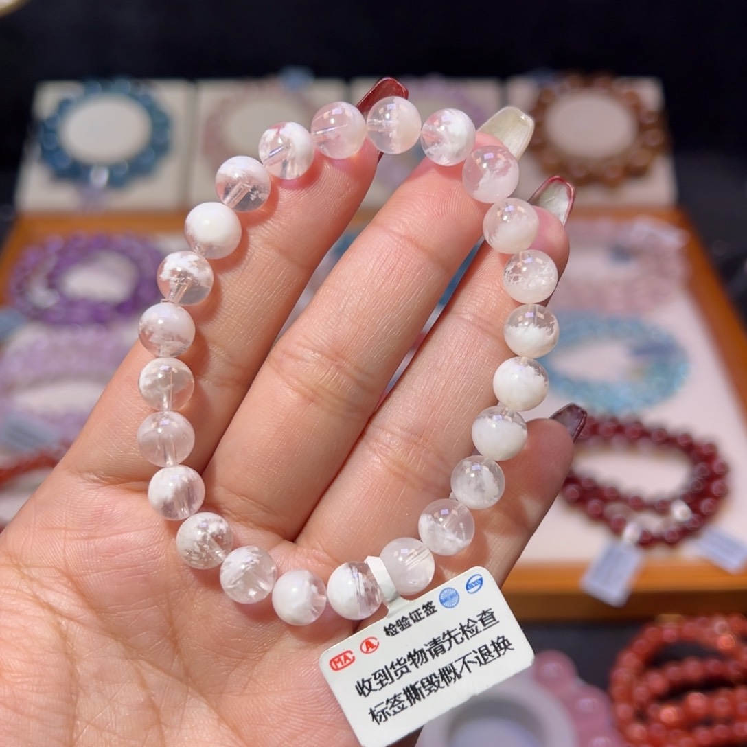 水晶手串未镶嵌粉雪花幽灵8.2m m