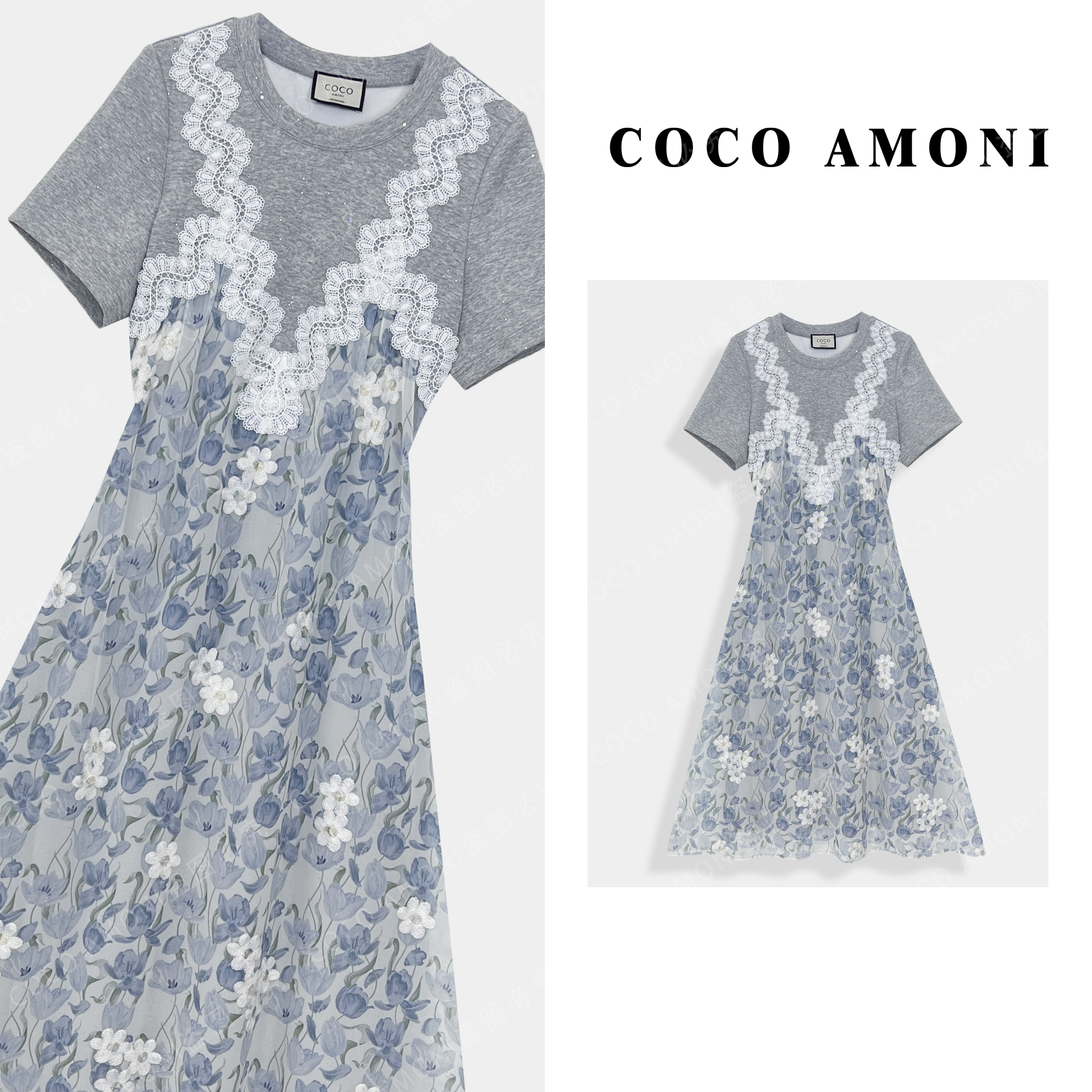 高级设计女装拼接重工碎花假两件显瘦气质连衣裙ZC629