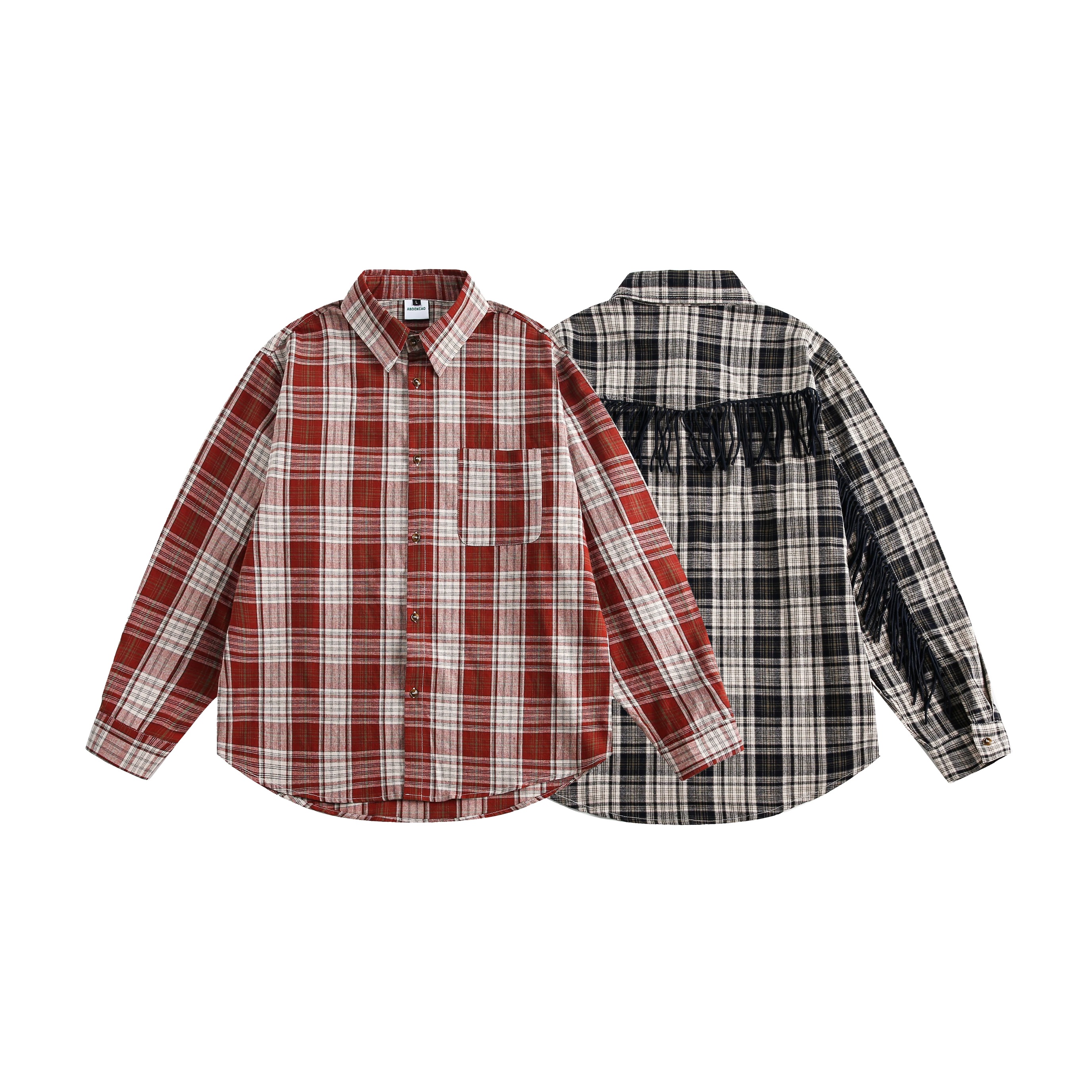 日系复古格子拼接流苏长袖衬衫秋季宽松百搭衬衣男女 018