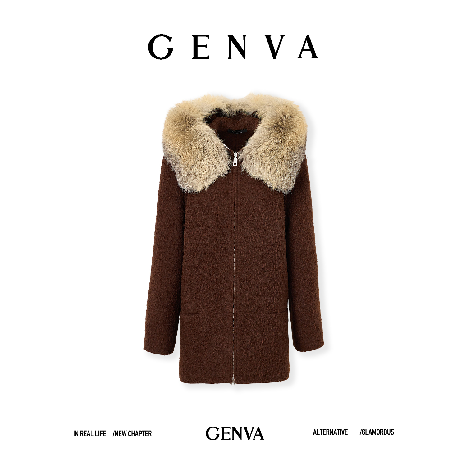 玖着“蒙特利”獨特瀑布风羊毛羊驼保暖手工双面呢狐狸本色帽兜外套