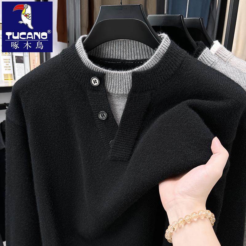 啄木鸟秋冬新款男士时尚假两件打底衫保暖亲肤针织衫休闲商务毛衣
