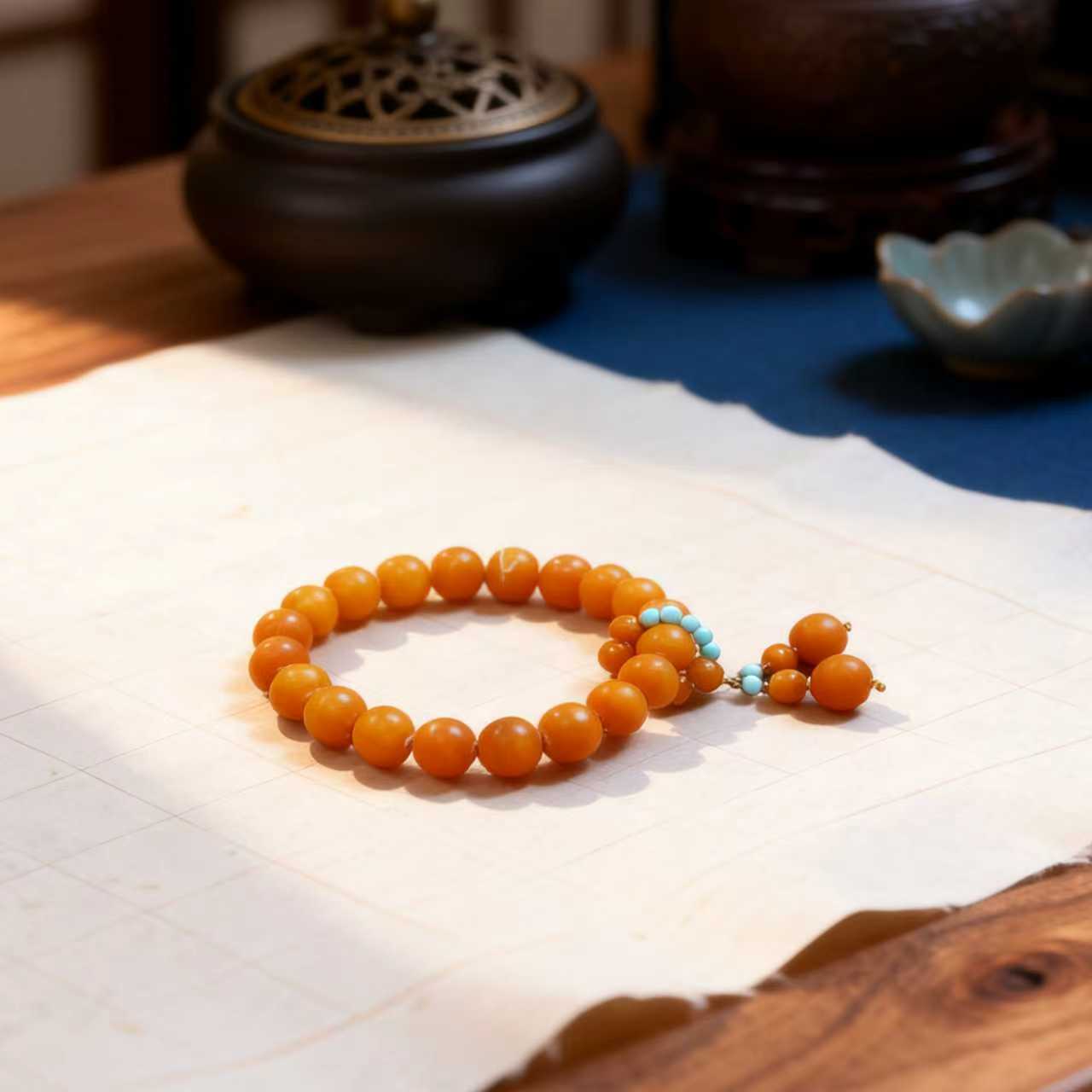 【景润】9mm+藏收级高品橘皮蜜蜡风化纹跑环提溜单圈手串多样性发一