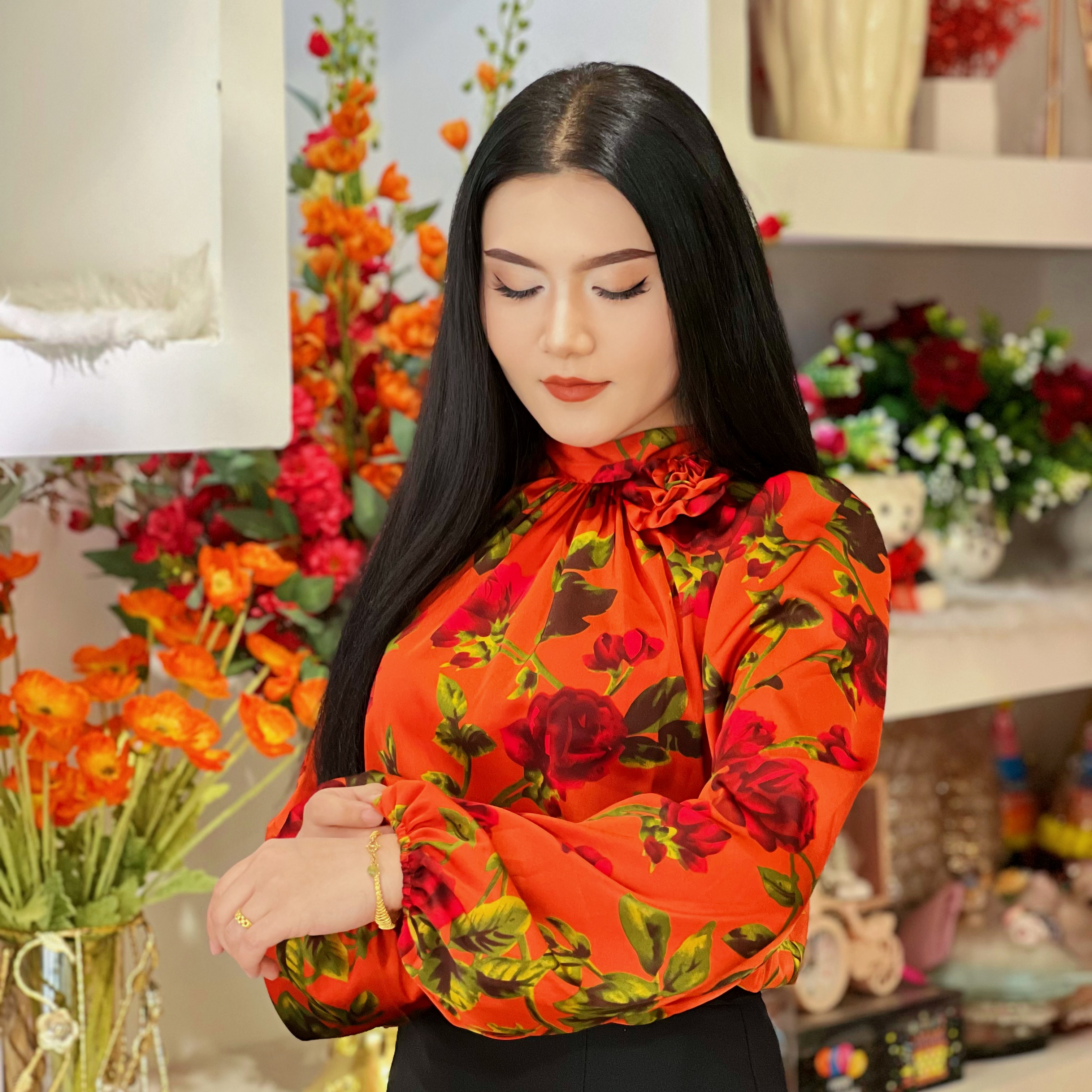 2025女士新款玫瑰花印花网红休闲上衣时尚