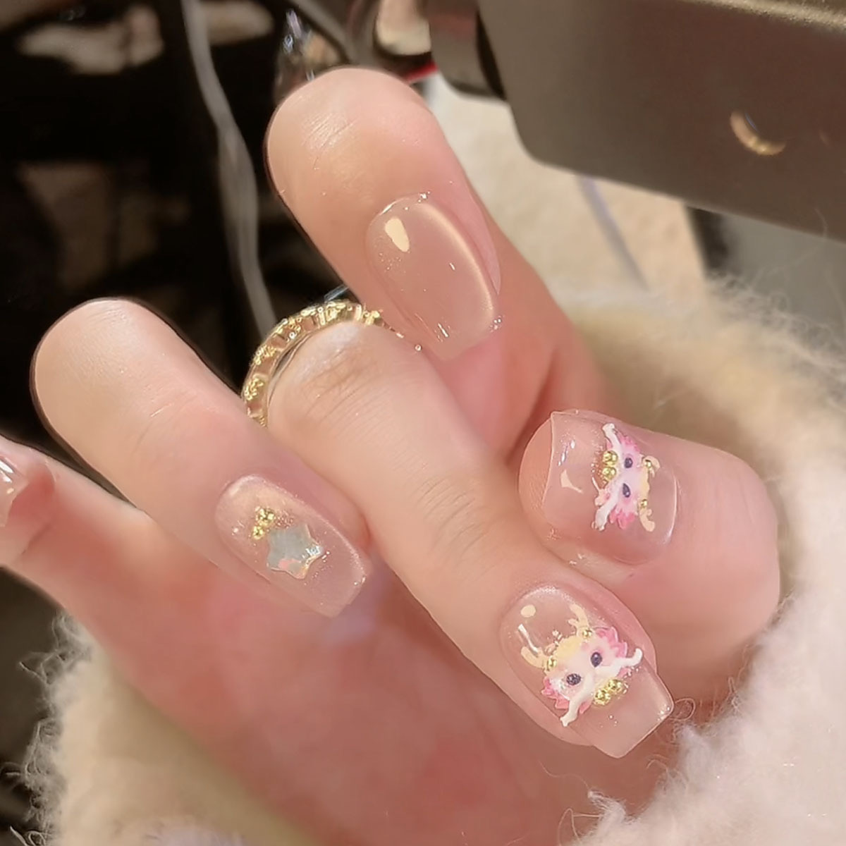 现货【可爱小龙】短/中长 新年时尚粉钻搭配猫眼穿戴甲