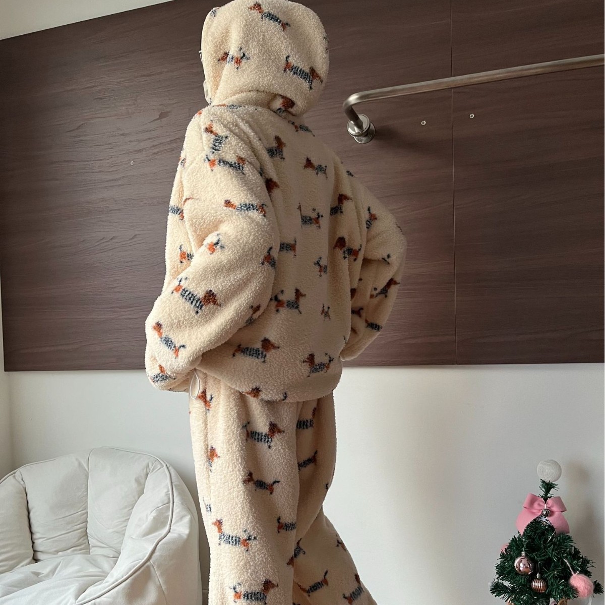 波点连帽拉链睡衣套装冬季2025年新款腊肠狗加毛绒加厚保暖家居服
