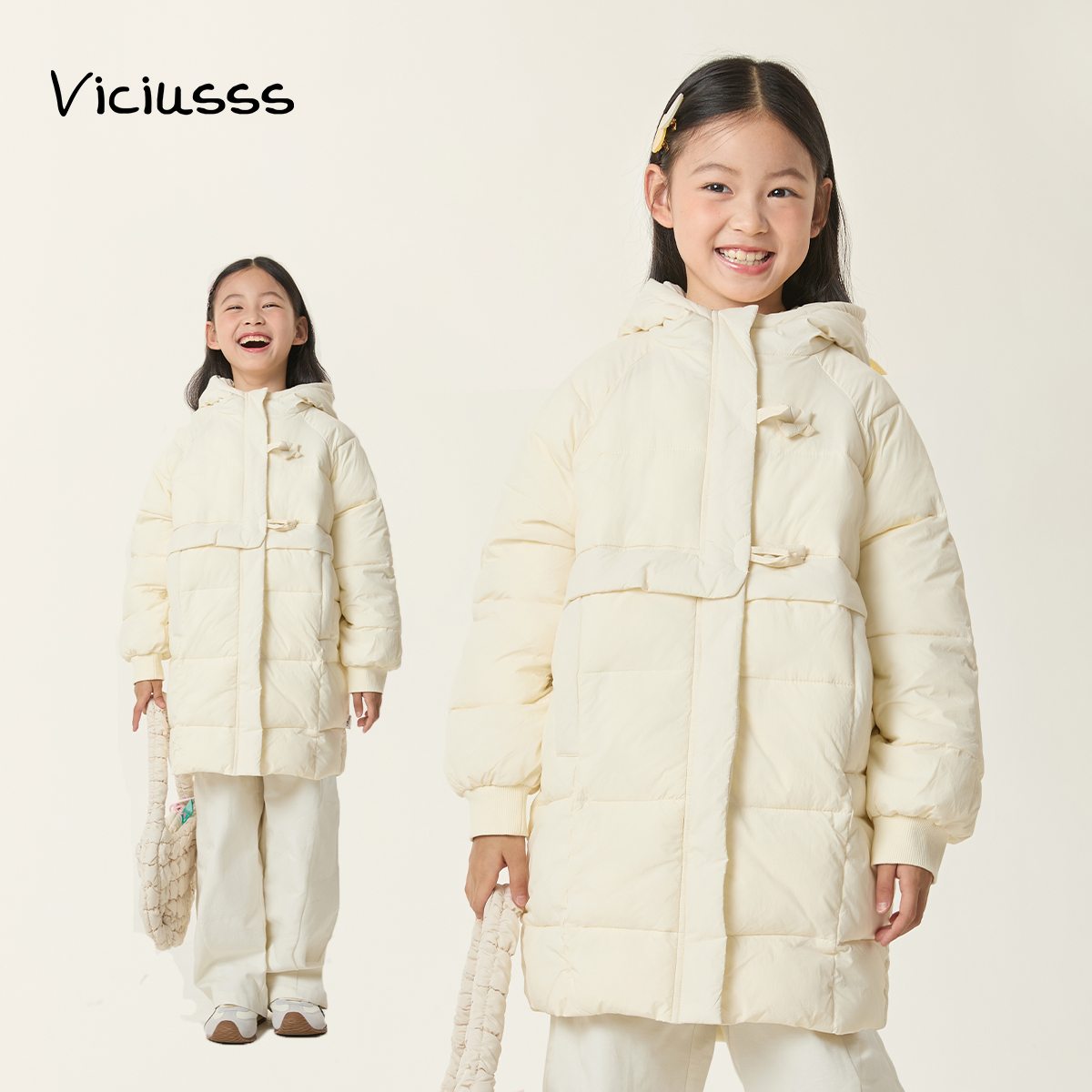 viciusss童装女童连帽保暖棉服冬季新品儿童中长款外套洋气潮
