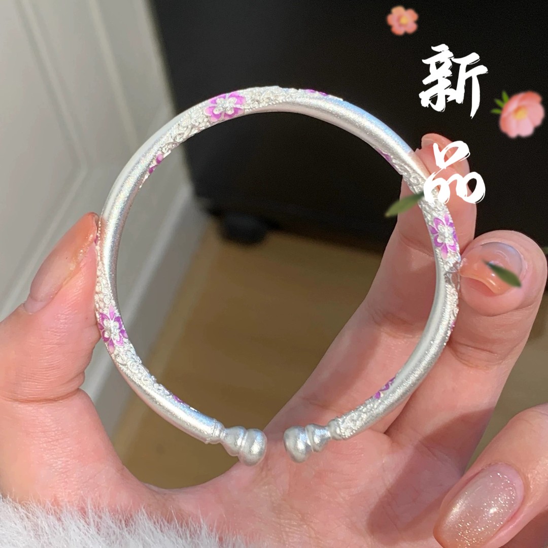 足银手镯 足银手镯 10号-珐琅粉桃花葫芦【开口】手镯2