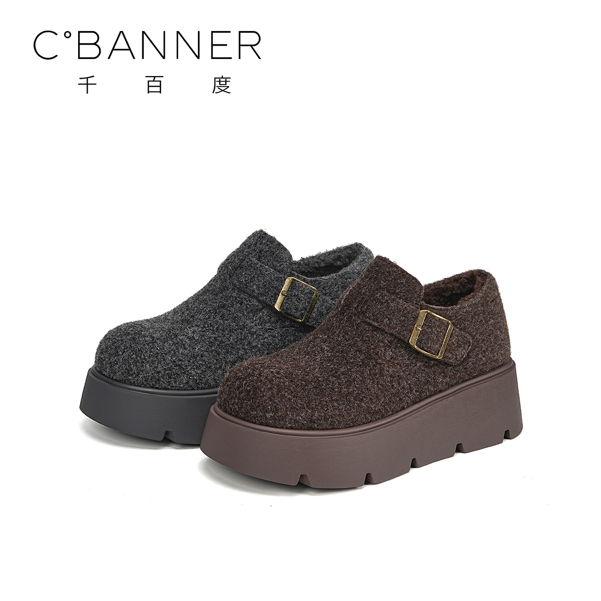 C.BANNER/千百度时尚百搭博肯鞋2025新款潮流设计搭扣加绒休闲鞋