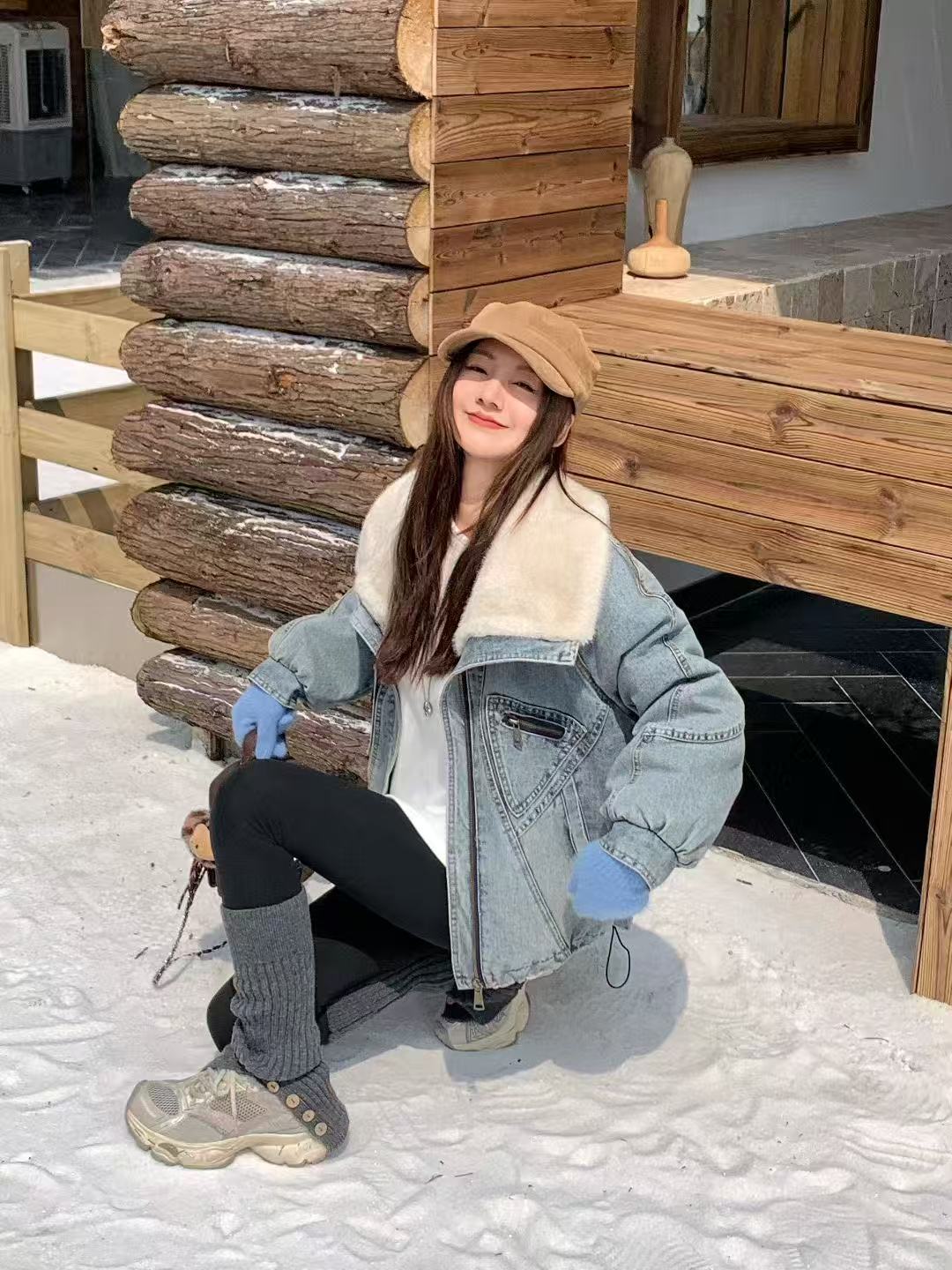 C53学院风厚款保暖秋冬加绒加厚牛仔外套女韩版时尚工装派克服潮