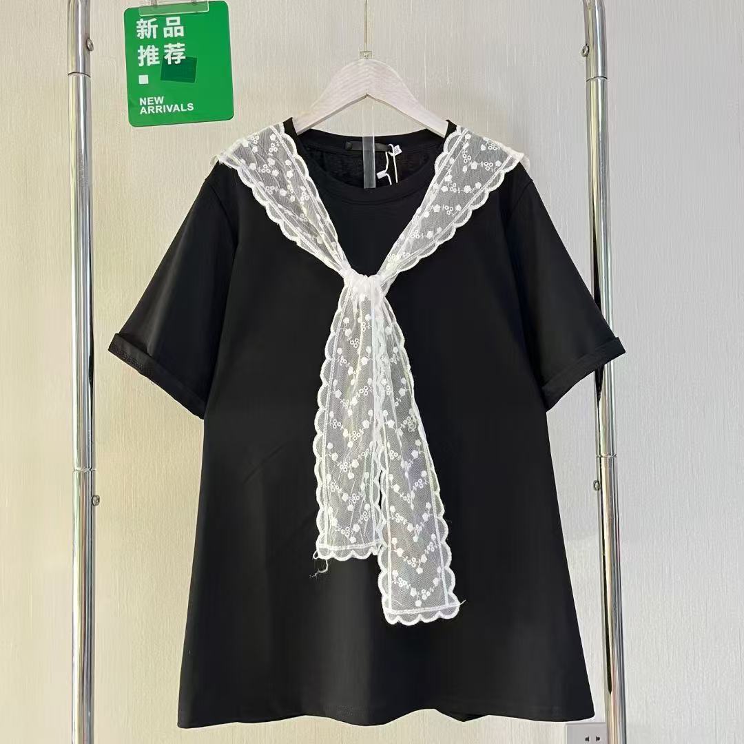 888-韩版设计感重工刺绣披肩加纯色半袖衫大码女装真两件套