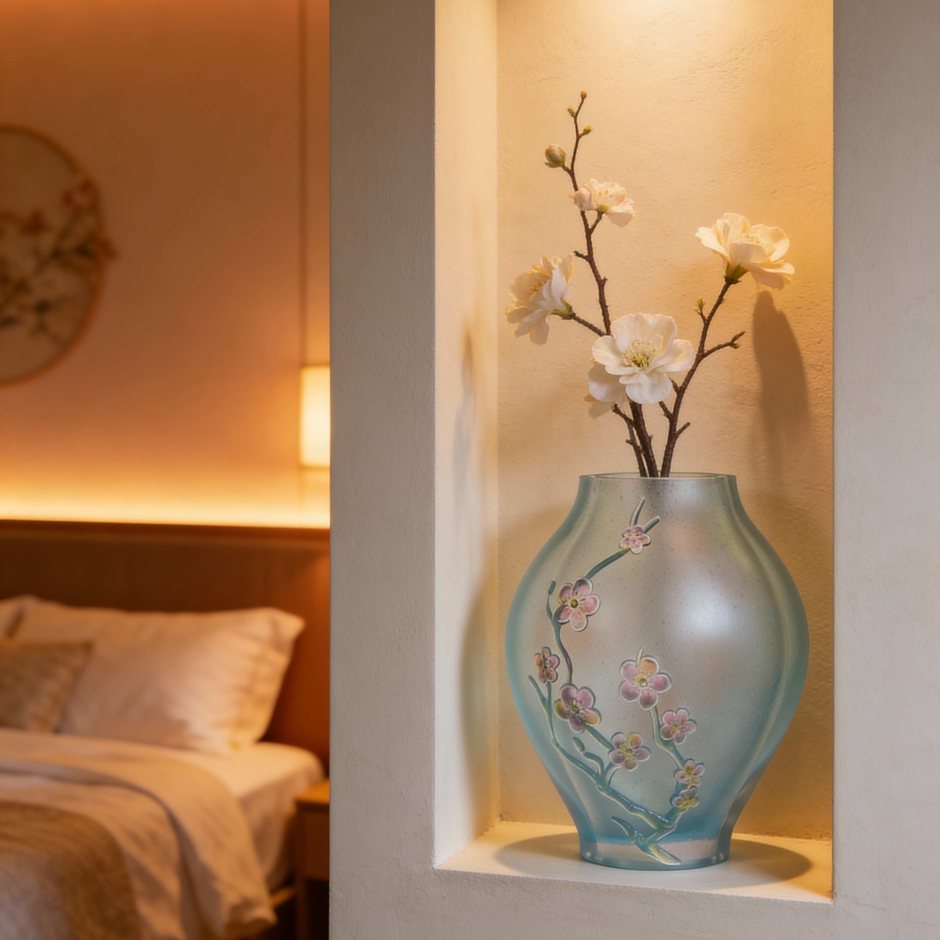 【叁山】十二花神琉璃花器-二月梅花蓝粉渐变（琉璃S0703）