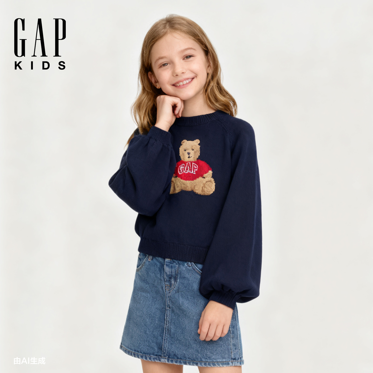 Gap女童2025冬季新款纯棉刺绣logo小熊圆领针织衫843896/843860