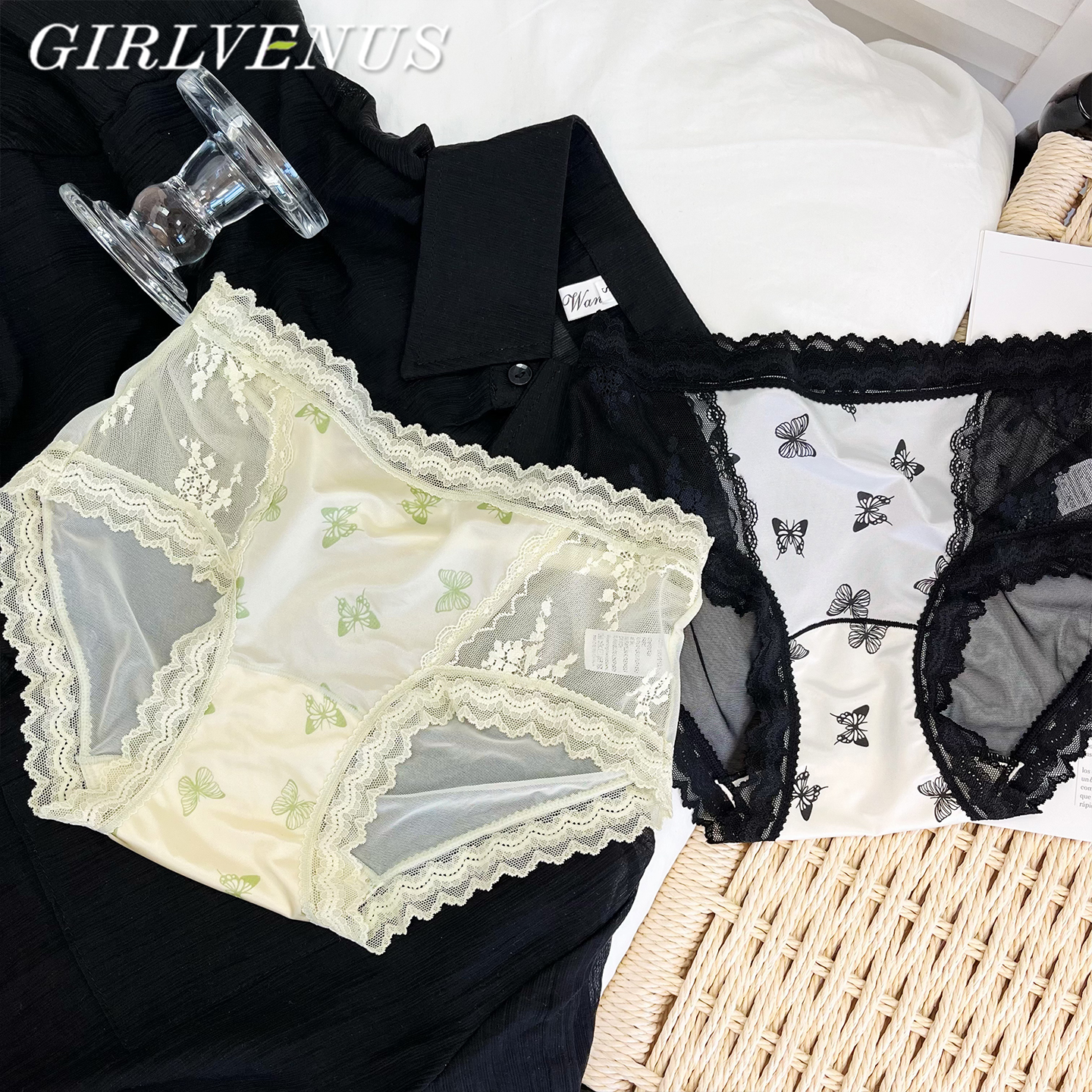 GIRLVENUS蕾丝纯欲缎面无痕内裤女网纱半透明速干透气包臀三角裤