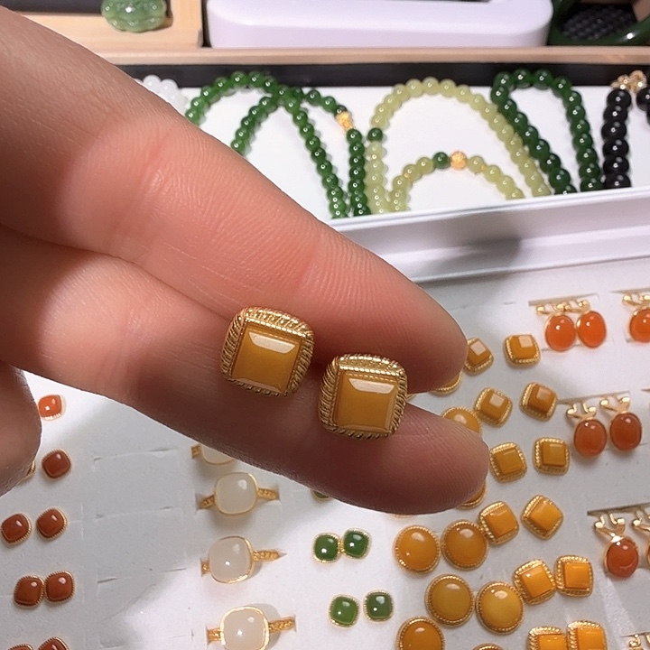 和田玉耳饰银S925镀金镶嵌