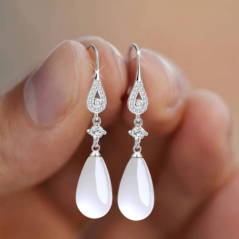 S925纯银天然玉石水滴耳环不过敏耳坠气质长款修脸耳饰品