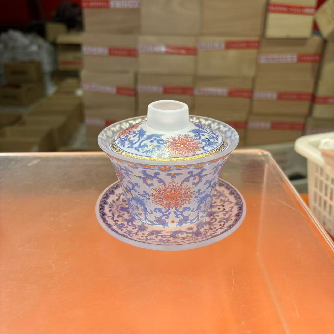 秋香茶具 古法琉璃缠枝莲琉璃三才盖碗-6328-0824