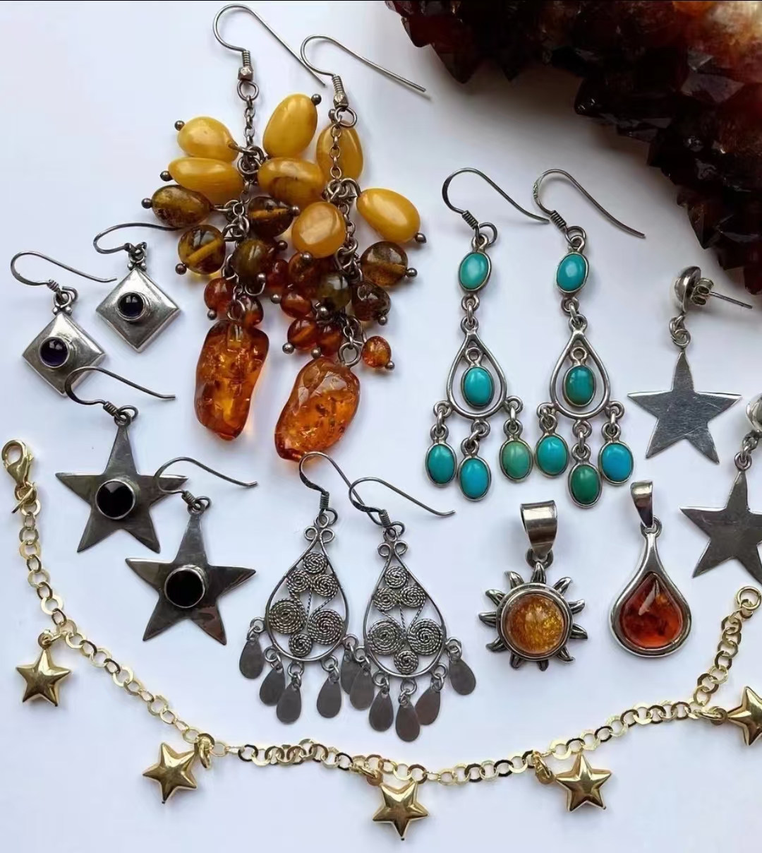 合金玻璃耳饰 波西米亚民族风拼色黑色百搭红色耳环长款中古饰品