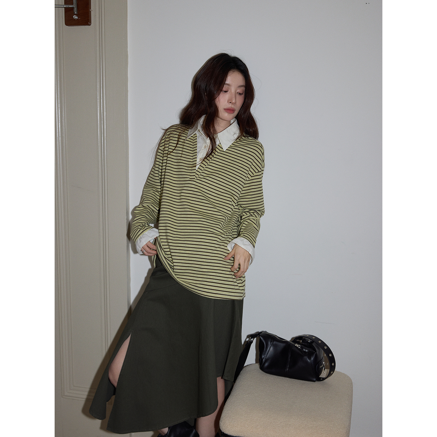 【吵吵家】美式绿色POLO领条纹拼接T恤女2025秋冬宽松休闲长袖上衣